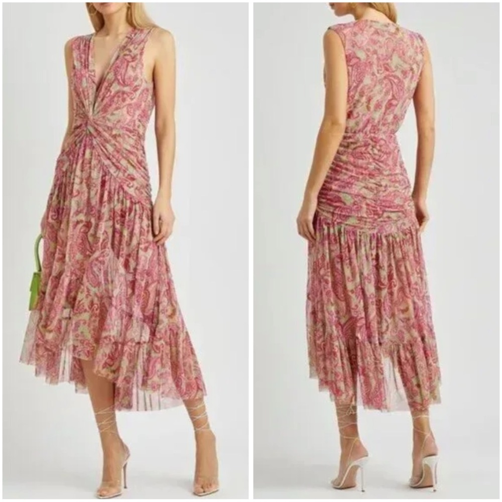 MISA PINK GREEN VINTAGE PAISLEY PRINT AVA MESH TWIST FRONT SLEEVELESS MIDI DRESS - Picture 12 of 14